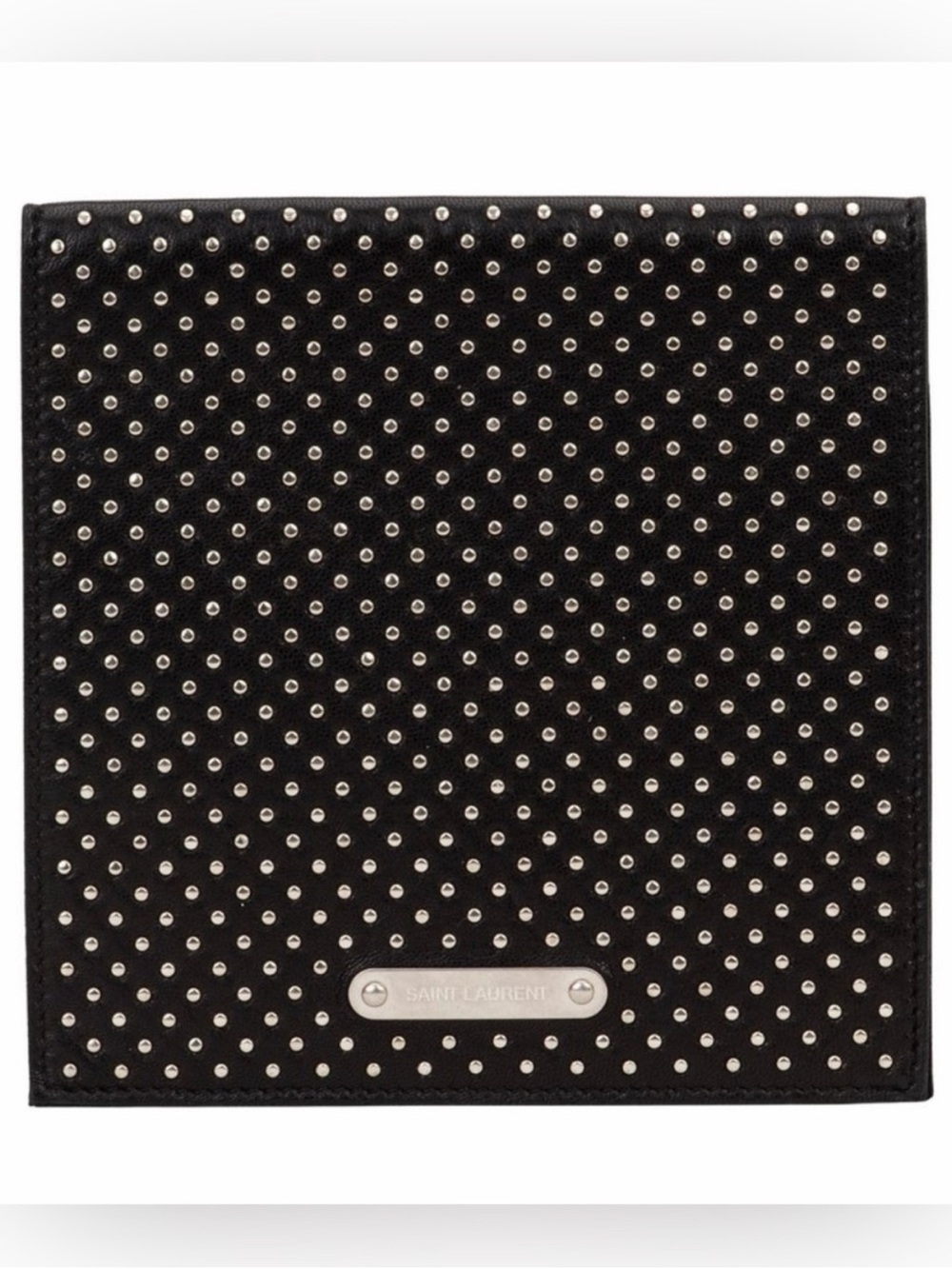Saint Laurent YSL Black Leather Studded Passport Sleeve with Silver Accents
